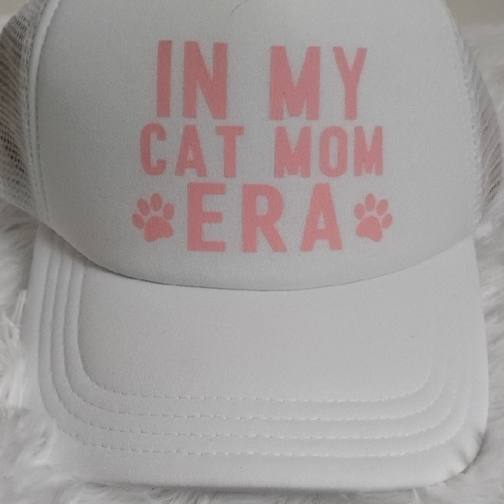 "IN MY CAT MOM ERA" Pink White‎ Animal Print Cat Lover's Statement Trucker Hat - Picture 9 of 12